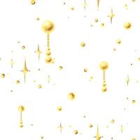 Pendants gold with beads of different sizes, scattering of sparkling stars. Christmas, New Year, winter watercolor illustration hand-drawn. Seamless pattern on a white background vector