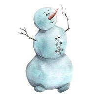A snowman with twig handles, with a carrot nose with buttons and laces. Watercolor illustration. An isolated object from a large set of COZY WINTER. For decoration, design and composition of New Year vector