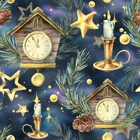 Wooden house clock with cuckoo, pine branches and cones, candles in a candlestick, sparkling stars. Christmas, New Year watercolor illustration. Seamless pattern on the background of the night sky vector