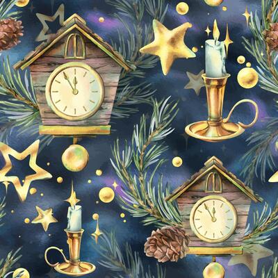 Wooden house clock with cuckoo, pine branches and cones, candles in a candlestick, sparkling stars. Christmas, New Year watercolor illustration. Seamless pattern on the background of the night sky