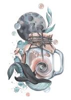 A glass jar with whale, seashells, algae, bubbles and a moon. Watercolor illustration hand drawn. Isolated composition on a white background. vector