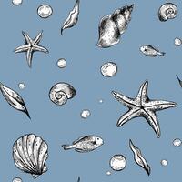 Seashells, starfish, seaweed, fish and bubbles. Graphic illustration hand drawn in black ink. Seamless pattern EPS on a blue background. for fabric, textile, prints, design and decoration. vector