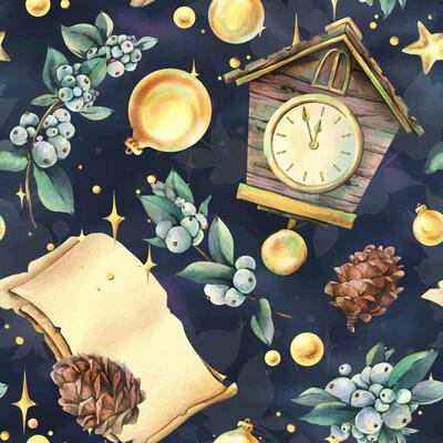 Wooden house clock with cuckoo, snowberry, letter sheets, pine cones and tree balls, sparkling stars. Christmas, New Year watercolor illustration. Seamless pattern on the background of the night sky