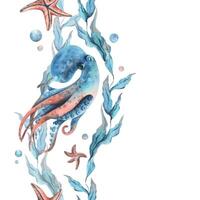octopus, sea blue algae with leaves wriggling in wave with bubbles and coral starfish. Hand drawn watercolor illustration of underwater world. Seamless vertical border pattern for long projects design vector