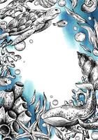 Sea animals, turtles, whale, seaweed, corals, sponges, starfish, shells, fish and bubbles. Graphic illustration hand drawn in black ink. Vertical rectangular frame template, postcard vector