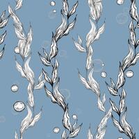 Sea blue algae with leaves wriggling in a wave with bubbles. Graphic illustration hand drawn in black ink. Seamless pattern EPS on a blue background for fabric, textile, prints, design. vector