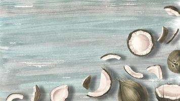 Whole and split coconuts, pieces of pulp are different in size against a background of textured painted turquoise wood. Watercolor illustration. Banner for the design and design of websites, products. vector