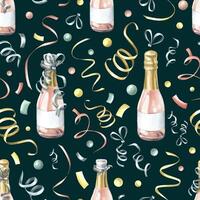 Bottles of pink champagne with confetti and ribbons. Watercolor illustration, hand drawn. Seamless pattern on a dark background. For congratulations, wrapping paper, holidays vector