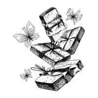 Handmade soap in craft paper, tied with a rope with butterflies . Graphic illustration line art hand drawn in black and white colors monochrome. Arrangement, composition, sublimation vector