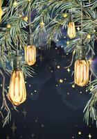 Retro Edison bulbs hanging with pine branches against the night sky with stars and lights. Watercolor illustration New Year Christmas. Vertical template, frame on the background of the night sky vector