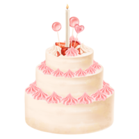 Homemade sponge cake decorated with cream flowers, whipped cream, strawberry slices, pink lollipops, candles. A festive cupcake from bakery. For menus, invitations, packages. Isolated illustration png