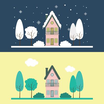 Snowy Colorful Houses Or Residence And Trees With Comfortable Environment