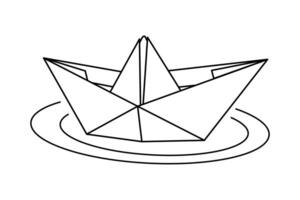 Line art paper ship or boat with waves. Simple outline contour drawing paper boat with waves. Origami, ship design inspiration. Minimalist design sketch. Nautical theme, black outline. vector