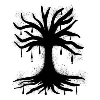 Dry dead tree with black spray paint graffiti