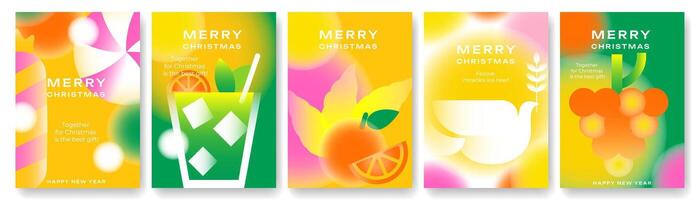 A set of bright festive New Year's cards with a modern design. Elements in the style of tropical Christmas with fruit motifs, blurred shapes and a gentle gradient. Ideal for regions with warm winters. vector