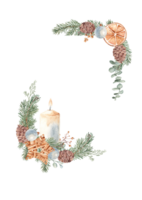 Christmas Advent square vertical Frame, Border. Corner Compositions with Winter plants, Candle and handmade Wicker star Toy. Hand drawn Botanical Illustration of Fir Branches, Eucalyptus, Pine Cone png
