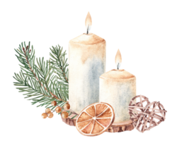 Christmas Candle Composition with Fir Branches, dry Orange slice and Wicker Toy. Heart made of rattan. Watercolor illustration. Second Advent. For Cards and Prints. png