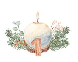 First Advent, Christmas Candle Composition with Winter plants. Fir Branches, Eucalyptus, Pine Cone and Wooden Number one. Hand drawn Botanical illustration. For Cards and Prints. png