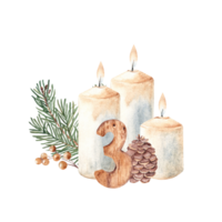 Third Advent, Christmas Candles Composition with Fir Branches, Winter Berries, Pine Cone and wooden Number Three. Hand drawn Botanical illustration isolated. For Cards and Prints. png