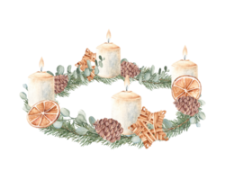 Christmas Advent Wreath with Winter plants, burning Candles and wooden Wicker star Toy. Fourth Advent. Hand drawn Illustration in rustic style. For Cards, Invitations and prints. png