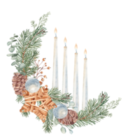 Christmas Advent Wreath with Winter plants, handmade wooden Toy and burning Candles. Fourth Advent. Hand drawn Illustration in realistic style. For Cards, Invitations and prints. png