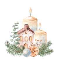 Christmas Advent Composition. Two Candles with Ceramic house in Fir Branches and eucalyptus. Orange slice and Winter berries. Cozy home decoration in Rustic style. Watercolor Hand drawn illustration png