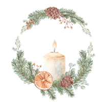 Christmas Advent Wreath with Winter plants, dried Orange and Candle. First Advent. Hand drawn Illustration in rustic style. For Cards, Invitations and prints. png