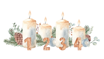 Fourth Advent, Christmas Candles Composition with Fir Branches, Pine Cones and wooden Numbers. Hand drawn Botanical illustration. For Cards and Prints. png