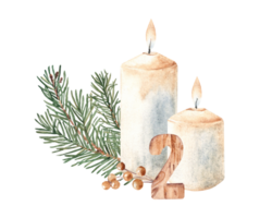 Second Advent, Christmas Candles Composition with Fir Branches, Winter Berries and wooden Number Two. Hand drawn Botanical illustration isolated on white background. For Cards and Prints. png