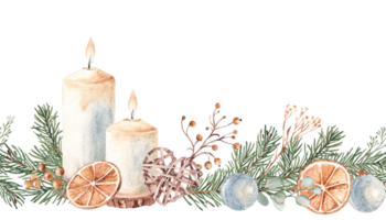 Christmas Advent Horizontal Watercolor seamless border pattern. Candles with Fir Branches and Eucalyptus. Orange slices and Wicker Toy Heart. Cozy home decoration in Rustic style. Hand drawn png
