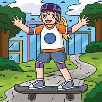 Skateboard Girl Gliding Colored Cartoon vector