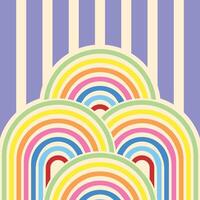 A vibrant retro-inspired pattern featuring overlapping rainbow arches in pastel shades, set against a vertical striped background with soft purple and cream tones. Perfect for vintage-themed designs vector