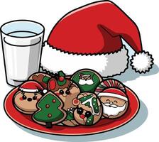 cute design of a plate with christmas cookies and a glass of milk vector