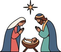 A simple lines and soft colors illustration of Mary and Joseph praying over baby vector