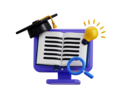Online education icon concept in 3d realistic style with book, monitor, graduation cap and idea bulb icon 3d render png