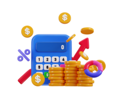 Calculator with golden coin and chart icon 3d render concept of business finance icon png