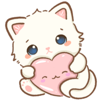 Cat holds a heart Hand drawn illustration Valentines day style white kawaii cat kitty kitten pastel color isolated on transparent background, perfect for valentines day gifts, nursery decorations png