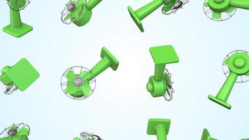 Green Portable Fans Falling on a Light Background. Portable Fan 3D Animation. 4K video