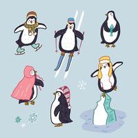 Penguin set with winter clothes and hats vector