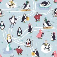 Seamless pattern with cute penguins illustration in cartoon style. vector