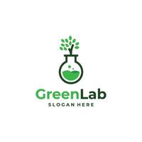 Nature lab logo design. Green leaves, tree with testing flask. Tests, symbol. Pharmaceutical vector