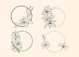 of hand drawn floral design elements. Collections of floral circle frames featuring elegant lily illustrations. Minimalistic designs for modern templates, invitations, and decorative projects vector