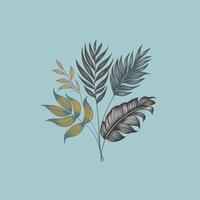 illustration of a branch with leaves. Tropical leaves and feather in black and gold tones on a blue background. An elegant and modern illustration for decor or design. vector