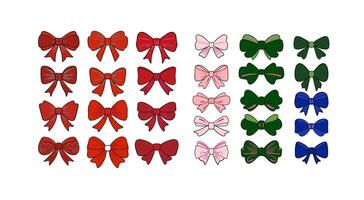 colorful collection of bows in red, pink, green, and blue on a white background. vector