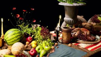A lavish spread of fruits and drinks on a rustic wooden table at night video