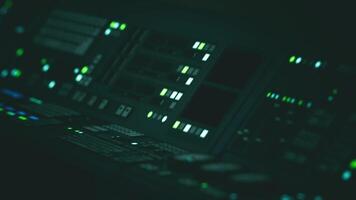 Advanced controls in a sci fi laboratory illuminated by green lights video