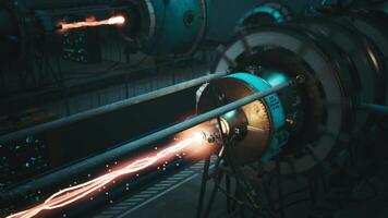 Futuristic laboratory with energy beams and advanced technology in action video