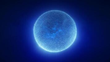 Bright blue sphere with a cosmic texture, floating against a dark background, suggesting a celestial body or energy source in deep space video