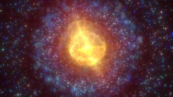 A golden, luminous nebula sphere with surrounding star-like particles in a cosmic space scene, exuding warmth and mystique background video