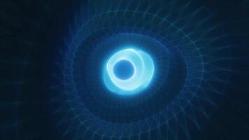 A glowing blue vortex with geometric wireframe patterns converging toward the center, creating a futuristic and digital abstract tunnel tech sci-fi effect video